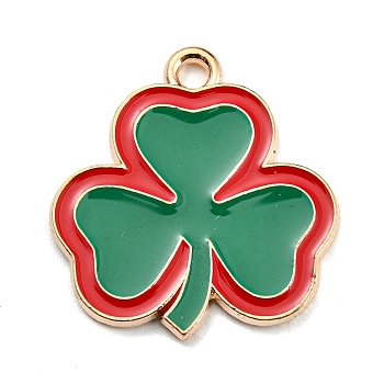 Saint Patrick's Day Alloy Enamel Pendants, Light Gold, Clover Charm, Green, 22x20.5x1.5mm, Hole: 2mm