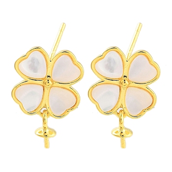 925 Sterling Silver with Shell Stud Earrings Findings, Clover Shape, Real 18K Gold Plated, 14.5mm, Pin: 0.6mm