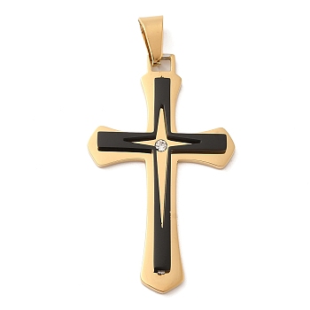 Ion Plating(IP) 304 Stainless Steel Pendants, with 201 Stainless Steel Pendant Bails and Rhinestone,  Cross, Gunmetal, 50x29.5x3.5mm, Hole: 9x5mm