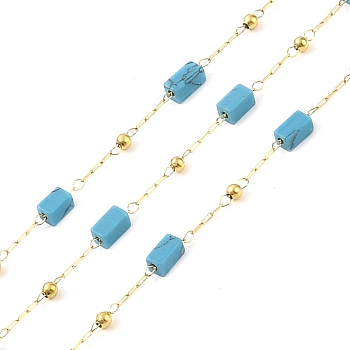 Ion Plating(IP) 304 Stainless Steel Link Chains, Synthetic Turquoise Beads & Spool, Soldered, Real 18K Gold Plated, 6.5x2.5x2.5mm, about 32.81 Feet(10m)/Roll