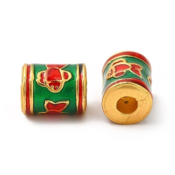 Alloy Enamel Beads, Rack Plating, Column with Fish Pattern, Matte Gold Color, Green, 10x7.5mm, Hole: 3mm