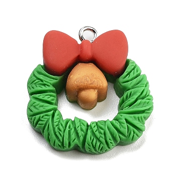 Christmas Theme Opaque Resin Pendants, with Platinum Tone Iron Loops, Christmas Wreath, 26.5x24.5x6.5mm, Hole: 2mm