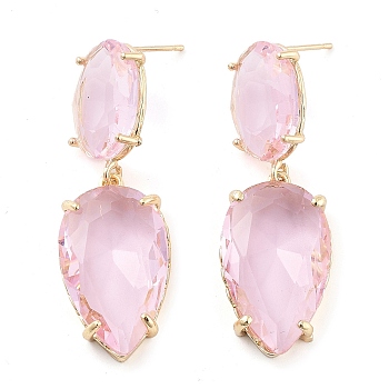 Glass Teardrop Dangle Stud Earrings, Light Gold Brass Earrings, Pink, 48.5x16.5mm