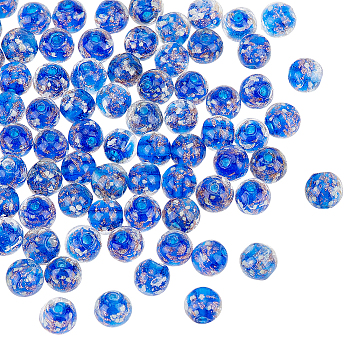 Luminous Handmade Gold Sand Lampwork Beads, Round, Blue, 8x7mm, Hole: 1.6mm, 80pcs/box