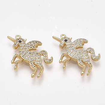 Brass Cubic Zirconia Charms, Unicorn, Clear, Nickel Free, Real 18K Gold Plated, 14x19x2mm, Hole: 0.8mm