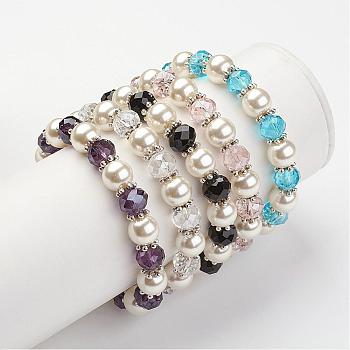 Glass Pearl Stretch Bracelets, with Transparent Glass Beads and Alloy Beads Spacers, Mixed Color, 2-1/4 inch(56mm)