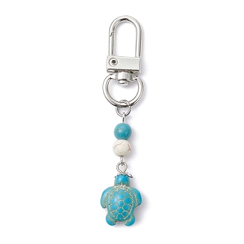 Synthetic Turquoise Pendant Decoration, with Alloy Swivel Clasps, Sea Turtle, Platinum, 73mm