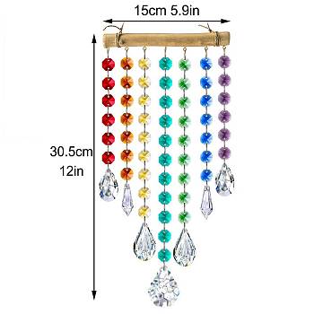 Glass Teardrop/Cone Hanging Suncatchers, Rainbow Maker, with Glass Octagon Link and Wood Stick for Garden Window Decoration, Colorful, 305x150mm