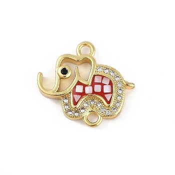 Rack Plating Brass Micro Pave Clear Cubic Zirconia Elephant Connector Charms, with Enamel and Shell, Real 18K Gold Plated, Long-Lasting Plated, Lead Free & Cadmium Free, Red, 17x18.5x3mm, Hole: 1.8mm