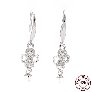 Rhodium Plated 925 Sterling Silver Earring Hooks, with Clear Cubic Zirconia, Heart Clover, for Half Drilled Beads, Platinum, 30mm, 21 Gauge, Pin: 0.7mm and 0.6mm, Tray: 6x3mm