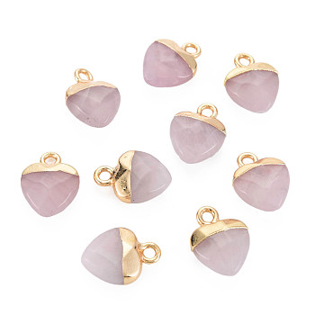 Natural Rose Quartz Charms, with Light Gold Plated Iron Findings, Heart, 13.5x10.5x5~5.5mm, Hole: 1.6~1.8mm