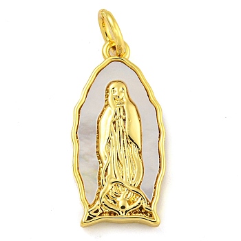 Real 18K Gold Plated Brass Pendants with Shell and Jump Rings, Religion Virgin Mary, Human, 19x9.5x2.5mm, Hole: 3mm