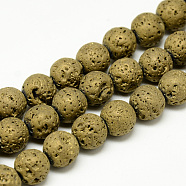 Electroplate Natural Lava Rock Beads Strands, Matte Style, Round, Golden Plated, 8x8.5mm, Hole: 1mm, about 48pcs/strand, 15.3 inch(G-T058-03G)