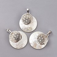 Natural White Shell Mother of Pearl Shell Pendants, Spiritual Charms, with Platinum Tone Brass Findings, Flat Round with Flower of Life/Sacred Geometry, 32~32.5x28x7~7.5mm, Hole: 5x8mm(KK-F751-M-B05)