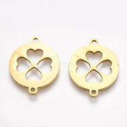 201 Stainless Steel Links connectors, Laser Cut Links, Flat Round with Clover, Golden, 19.5x15.5x1mm, Hole: 1.5mm(STAS-S106-44G)