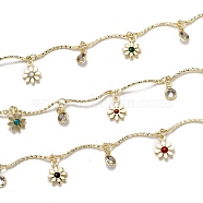 Handmade Brass Bar Chains, with Clear Cubic Zirconia and Enamel Charms, Spool, Long-Lasting Plated, Soldered, Daisy, Golden, Links: 18.3x1.8x1.1mm, Flower: 10.1x7.4x1.8mm(CHC-L039-26G)