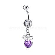Piercing Jewelry, Brass Cubic Zirconia Navel Ring, Navel Ring Belly Rings, with 304 Stainless Steel Bar, Lead Free & Cadmium Free, Flat Round, Platinum, Purple, 46x10mm, Bar Length: 3/8"(10mm), Bar: 14 Gauge(1.6mm)(AJEW-EE0006-16A)