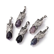 Natural Fluorite Pendants, Faceted Bullet Charms, Rack Plating Antique Silver Tone Brass Wing Findings, Cadmium Free & Lead Free, 42.5x12.5x11mm, Hole: 8x5mm(G-H281-01M)