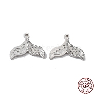 Rhodium Plated 925 Sterling Silver Charms, Fishtail with Polka Dot Charm, Textured, Real Platinum Plated, 10x13x1.2mm, Hole: 0.9mm(STER-C003-07P)