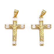 Brass Micro Pave Clear Cubic Zirconia Pendants, Long-Lasting Plated, Cross, Real 18K Gold Plated, 32x20x4.5mm, Hole: 2.5x4.5mm(ZIRC-J025-31G)