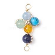 Mixed Gemstone Connector Charms, Eco-Friendly Light Gold Plated Copper Wire Wrapped Cross Links, 34x17x8mm, Hole: 3mm(PALLOY-JF02224-02)