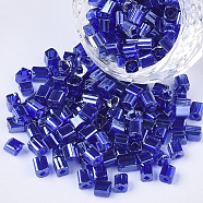 6/0 Glass Seed Beads, Transparent Colours Luster, Square Hole, Cube, Blue, 6/0, 3~5x3~4x3~4mm, Hole: 1.2~1.4mm, about 4500pcs/bag(SEED-S027-05B-08)