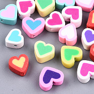 Handmade Polymer Clay Beads, Heart, Mixed Color, 8~9.5x9~10x5mm, Hole: 2mm(X-CLAY-T016-66)