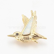Brass Pendants, with Synthetic Opal and Cubic Zirconia, Bird, White, Golden, 14.5x17x2.5mm, Hole: 2.5x4mm(KK-O107-25G-D)