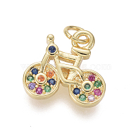 Brass Micro Pave Cubic Zirconia Charms, with Jump Rings, Bicycle, Colorful, Golden, 11x11.5x2mm, Hole: 2.5mm(ZIRC-I032-67G)