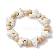 Beach Dolphin Dye Synthetic Turquoise Beaded Stretch Barcelets, Summer Wood Beaded Stretch Bracelets for Women, Floral White, Inner Diameter: 2~2-1/8 inch(5.15~5.25cm), Bead: 7x8~8.5mm, Dolphin: 12x19.5mm(BJEW-JB10288-01)