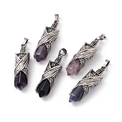 Natural Fluorite Pointed Pendants, Faceted Bullet Charms, Rack Plating Antique Silver Tone Brass Wing Findings, Cadmium Free & Lead Free, 42.5x12.5x11mm, Hole: 8x5mm(G-H281-01M)