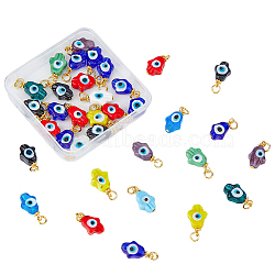40Pcs Handmade Evil Eye Lampwork Pendants, with Iron & Alloy & Brass Finding, Hamsa Hand/Hand of Miriam, Mixed Color, 21x11x7mm, Jump Ring: 6x1mm, 4mm Inner Diameter(FIND-DC0001-35)