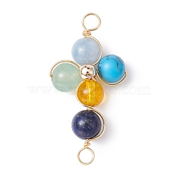 Mixed Gemstone Connector Charms, Eco-Friendly Light Gold Plated Copper Wire Wrapped Cross Links, 34x17x8mm, Hole: 3mm(PALLOY-JF02224-02)