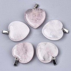 Natural Rose Quartz Pendants, with Stainless Steel Pinch Bails and Iron Loop, Heart, 26.5~27.5x25.5x8mm, Hole: 2x6mm(G-N0326-54C)