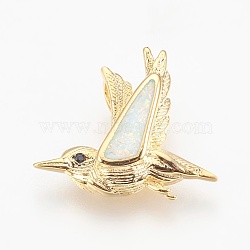 Brass Pendants, with Synthetic Opal and Cubic Zirconia, Bird, White, Golden, 14.5x17x2.5mm, Hole: 2.5x4mm(KK-O107-25G-D)