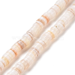 Freshwater Shell Beads Strands, Disc/Flat Round, Heishi Beads, 5~5.5x0.5~2.5mm, Hole: 1mm, about 220~221pcs/strand, 15.7~16.5 inch(40~42cm)(SHEL-G011-09-A02)