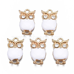 Rack Plating Alloy Enamel Pendants, with Crystal Rhinestone, Cadmium Free & Nickel Free & Lead Free, Owl, White, 17x10x3mm, Hole: 1.8mm(ENAM-T011-141)