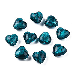Handmade Silver Foil Glass Beads, Heart, Teal, 12x12x8mm, Hole: 2mm(FOIL-R050-12x8mm-11)