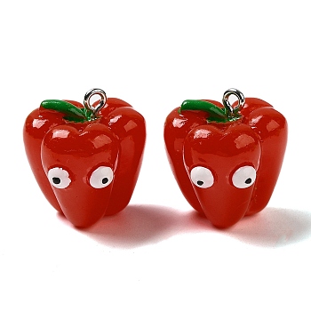 Cartoon Opaque Resin Vegetable Pendants, Funny Eye Bell Pepper Charms with Platinum Plated Iron Loops, FireBrick, 22x20.5x19mm, Hole: 2mm