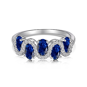 Anti-Tarnish Rhodium Plated 925 Sterling Silver Wave Finger Rings, Oval Cubic Zirconia Ring for Women Men, Blue, 6.5mm, Inner Diameter: US Size 6 3/4(17.1mm)