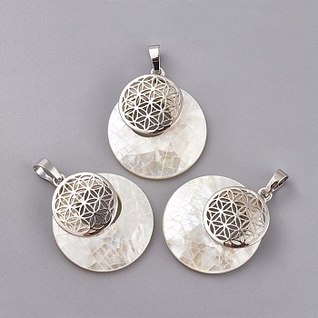 Natural White Shell Mother of Pearl Shell Pendants, Spiritual Charms, with Platinum Tone Brass Findings, Flat Round with Flower of Life/Sacred Geometry, 32~32.5x28x7~7.5mm, Hole: 5x8mm