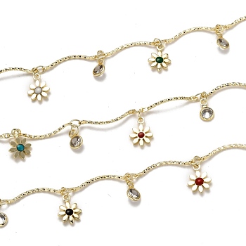 Handmade Brass Bar Chains, with Clear Cubic Zirconia and Enamel Charms, Spool, Long-Lasting Plated, Soldered, Daisy, Golden, Links: 18.3x1.8x1.1mm, Flower: 10.1x7.4x1.8mm