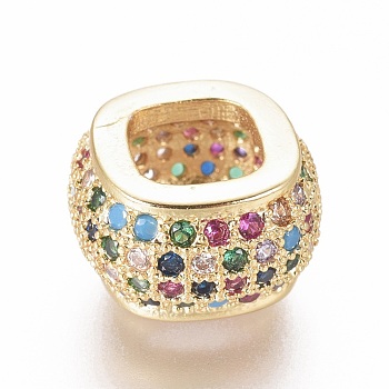 Brass Micro Pave Cubic Zirconia Beads, Large Hole Beads, Rondelle, Colorful, Golden, 12x12x7mm, Hole: 6x6mm