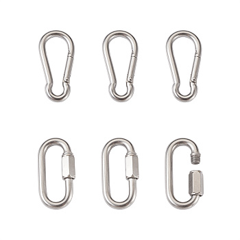 6Pcs 2 Style 304 Stainless Steel Rock Climbing Carabiners, Key Clasps, Stainless Steel Color, 3pcs/style