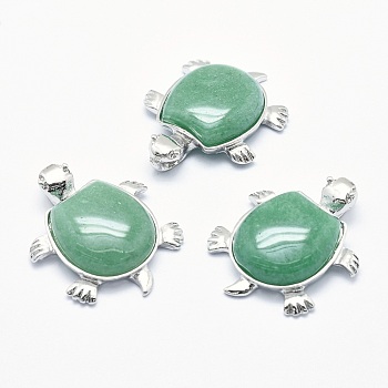 Natural Green Aventurine Pendant, with Alloy Findings, Tortoise, Platinum, 38x30.5x8.2mm, Hole: 3x4.5mm