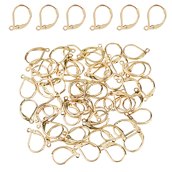 60Pcs 304 Stainless Steel Leverback Earrings Findings, with Loop, Real 18K Gold Plated, 16x10x2mm, Hole: 1.4mm, Pin: 0.6x1mm