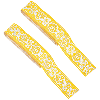 Ethnic Style Embroidery Polyester Ribbon, Clothing Accessories, Floral Pattern, Yellow, 1-1/4 inch(33mm), about 7.66 Yards(7m)/Bundle