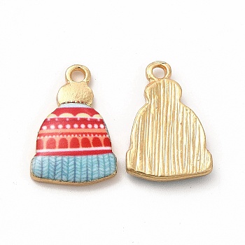 Winter Theme Printed Alloy Pendants, Lead Free & Cadmium Free & Nickel Free, Hat Charm, Golden, Red, 18x12.5x3mm, Hole: 1.8mm