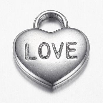 304 Stainless Steel Pendants, Heart, with Word Love, Valentine's Day, Stainless Steel Color, 17x15x2.5mm, Hole: 4x4.5mm