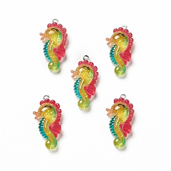 Ocean Theme Transparent Resin Pendants, with Glitter Powder and Platinum Tone Iron Loops, Sea Animal Charm, Colorful, Sea Horse Pattern, 34x18x8mm, Hole: 2mm